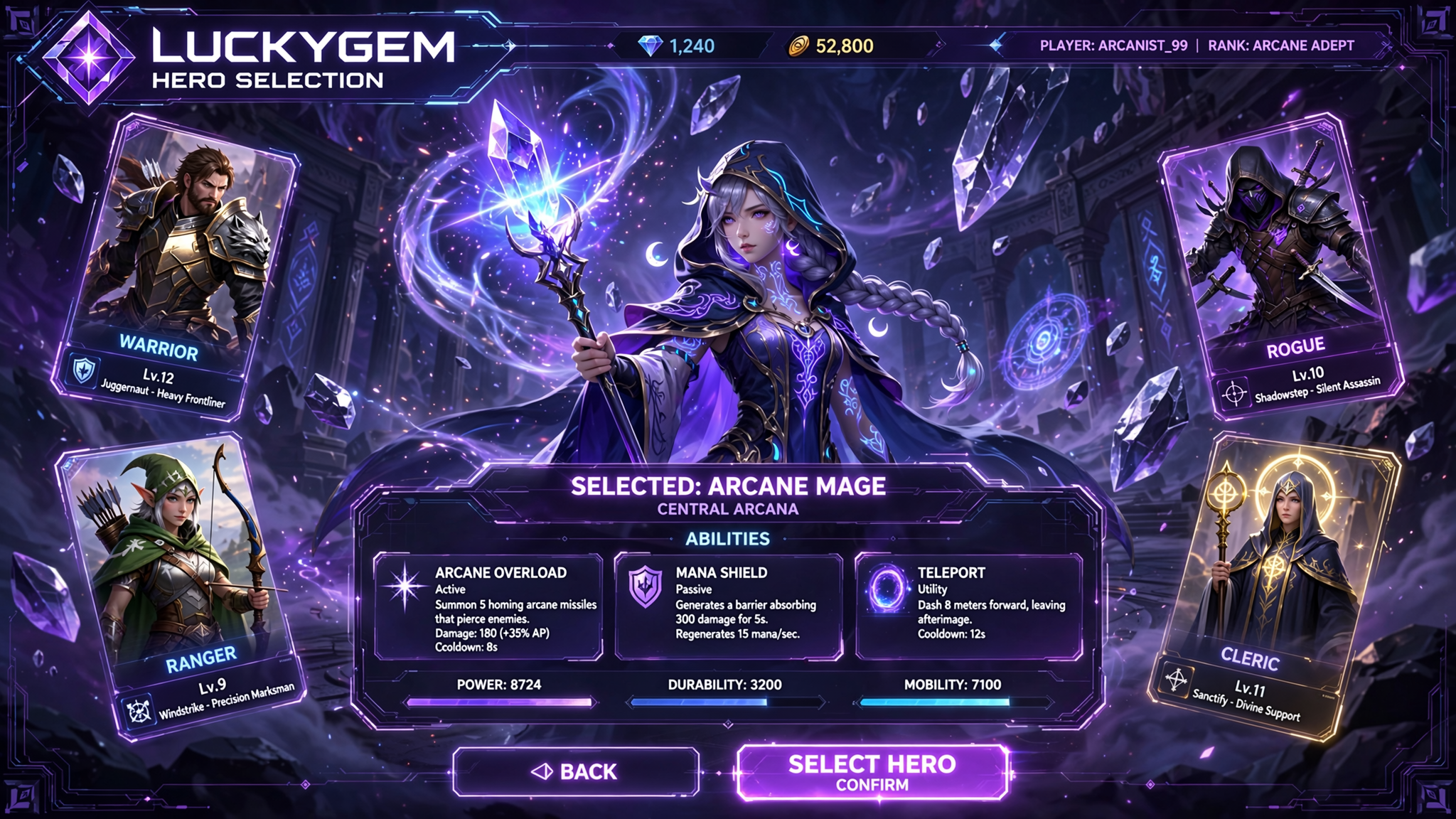 Luckygem hero selection screen with action scene